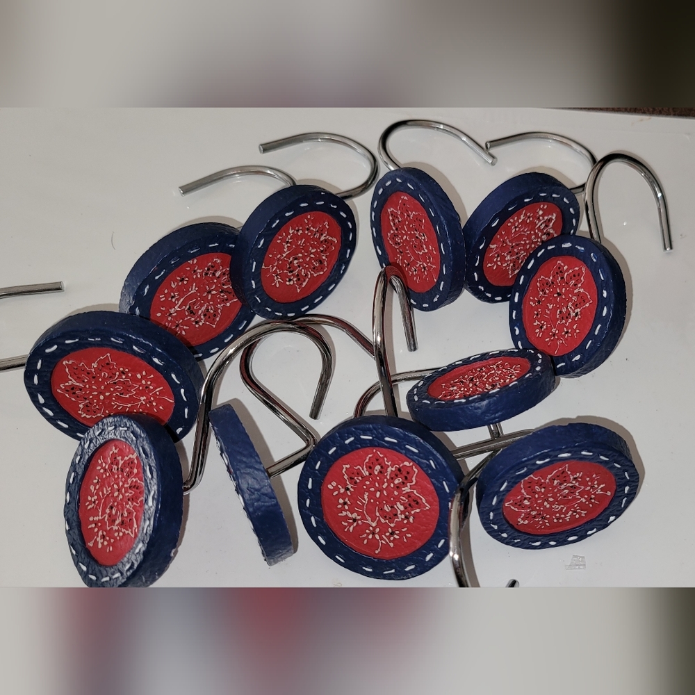 Shower Curtain Resin Hooks Blue/Red  Set Of 11